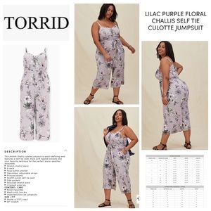 Torrid 3 plus size lilac purple floral challis self tie culotte jumpsuit